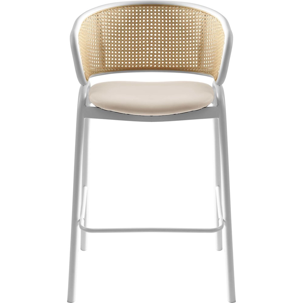 Ervilla Wicker Bar Stool with Fabric Seat and White Steel Frame - White leather