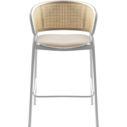 Ervilla Wicker Bar Stool with Fabric Seat and White Steel Frame - White leather