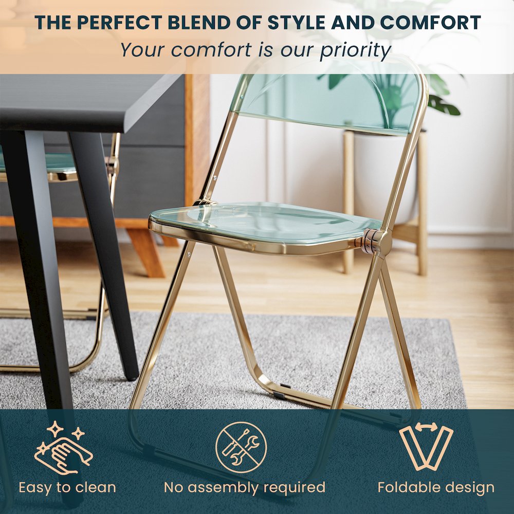 Lawrence Acrylic Folding Chair With Gold Metal Frame, Set of 4