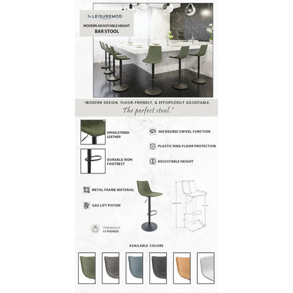 Tilbury Modern Adjustable Bar Stool in Olive Green