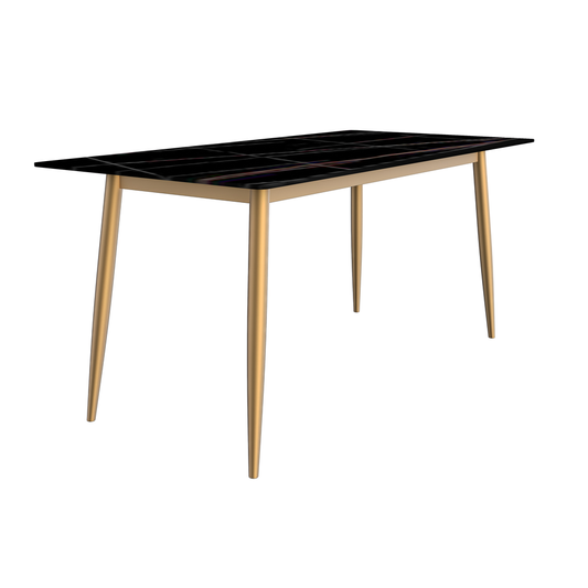Modern Dining Table Brushed Gold Base, With 71 Black/Gold Sintered Stone Top