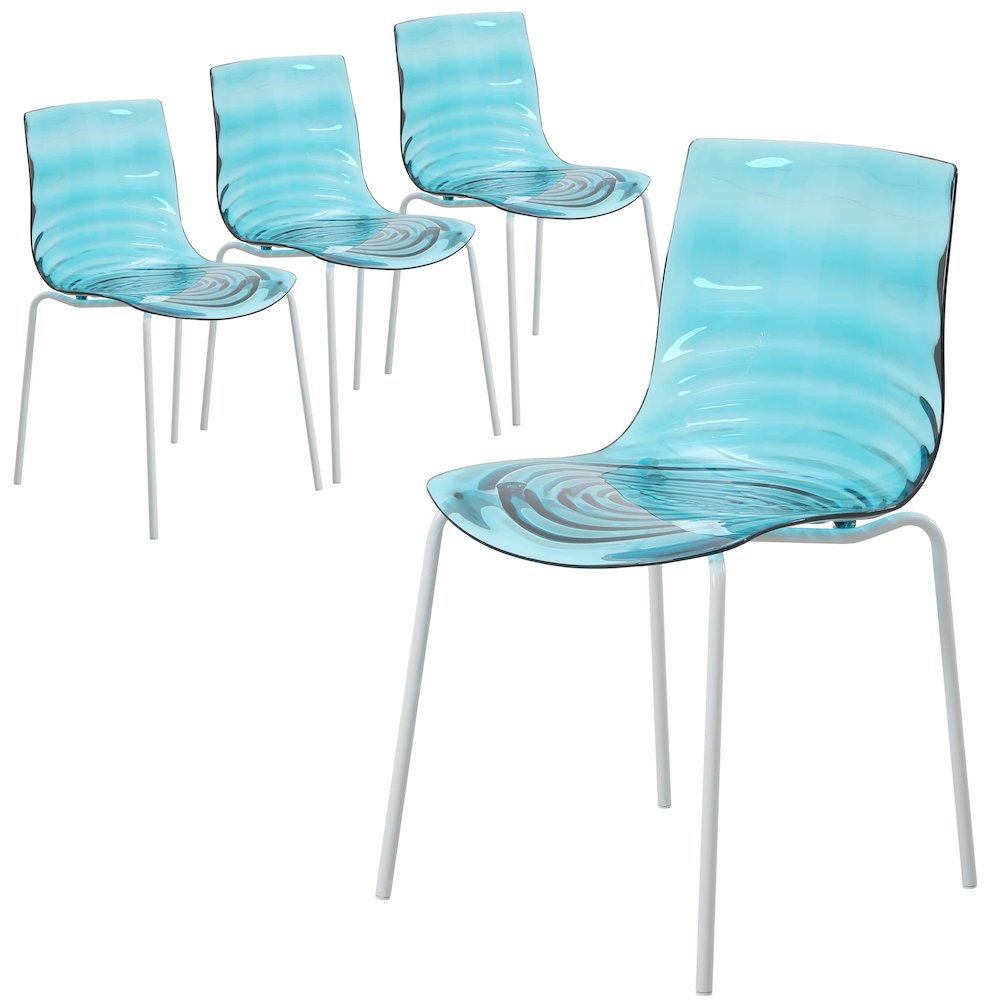 Astor Water Ripple Design Dining Chair in White Base Trans Blue Seat Set of 4