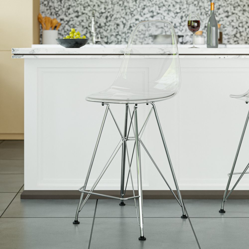 Cresco Modern Acrylic Barstool with Chrome Base and Footrest in Clear