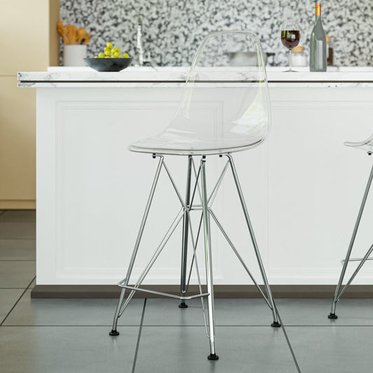 Cresco Modern Acrylic Barstool with Chrome Base and Footrest in Clear