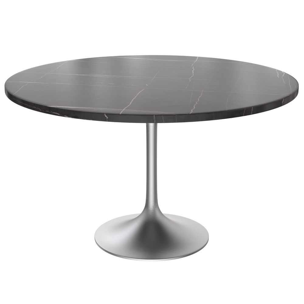 48 Round Dining Table, Brushed Chrome Base with Sintered Stone Black Top