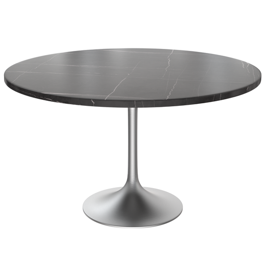 48 Round Dining Table, Brushed Chrome Base with Sintered Stone Black Top