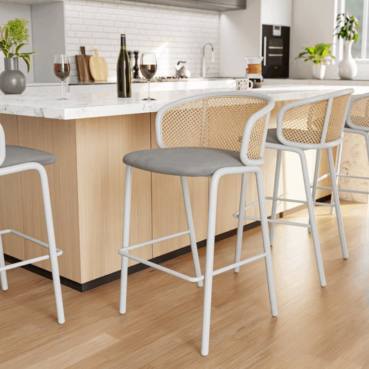 Ervilla Mid-Century Modern Wicker Bar Stool in Grey