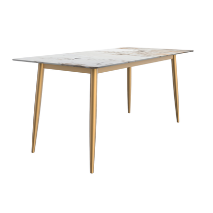 Modern Dining Table Brushed Gold Base, With 71 White Grey Sintered Stone Top