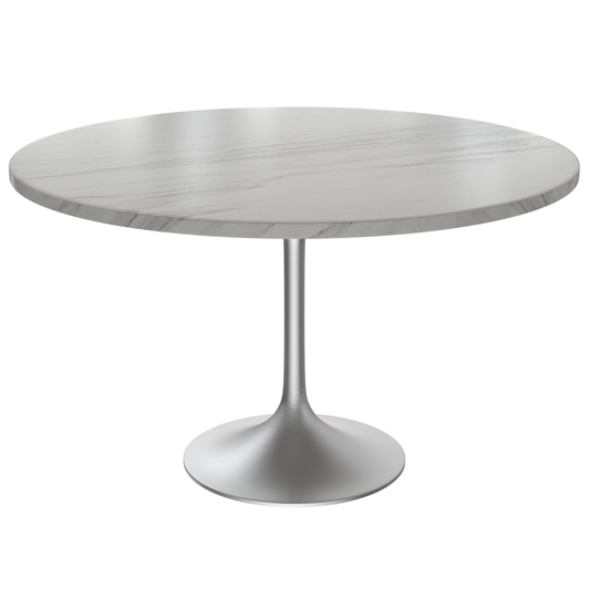 48 Round Dining Table, Brushed Chrome Base with Sintered Stone White Top