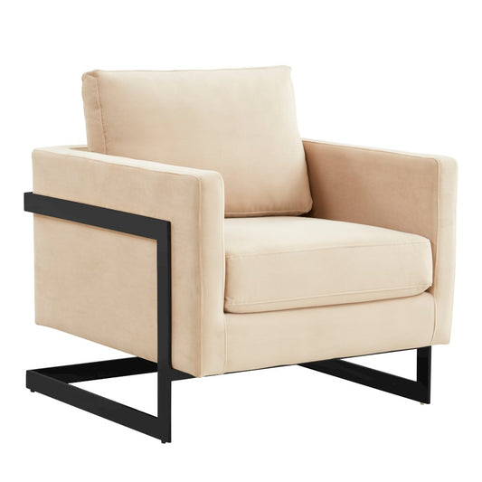 Lincoln Velvet Accent Armchair With Black Steel Frame in Light Grey