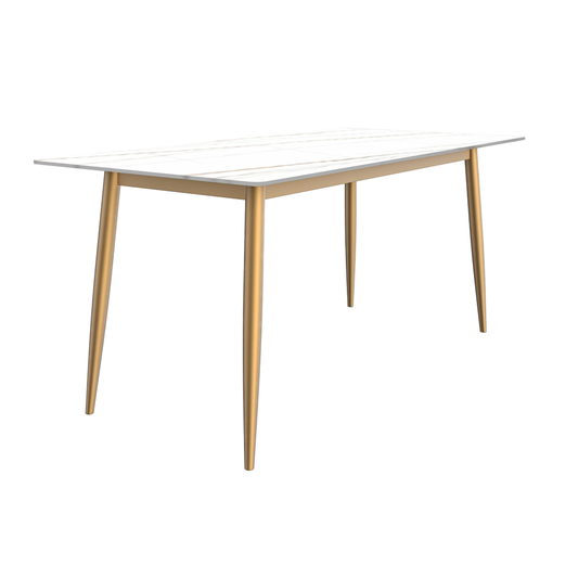 Modern Dining Table Brushed Gold Base, With 71 White/Gold Sintered Stone Top