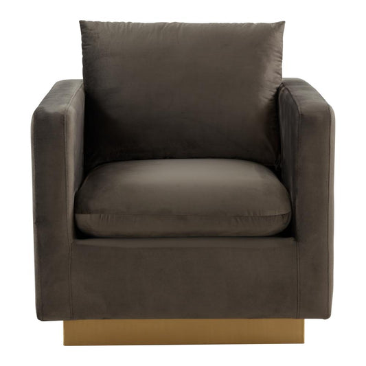 LeisureMod Nervo Velvet Accent Armchair With Gold Frame, Dark Grey