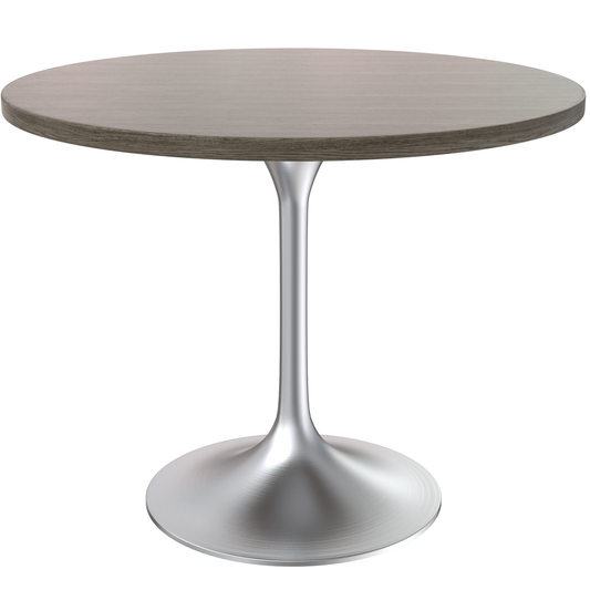 36" Round Dining Table, Brushed Chrome Base with Dark Maple MDF Top