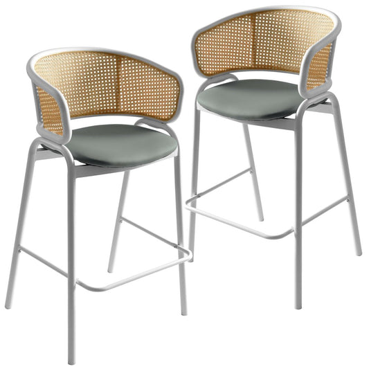 Wicker Bar Stool with Fabric Seat and White Steel Frame Grey leather Set of 2