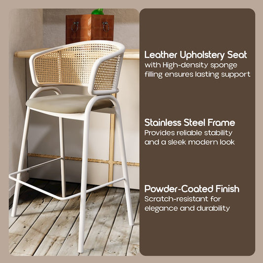 Ervilla Wicker Bar Stool with Fabric Seat and White Steel Frame - Taupe