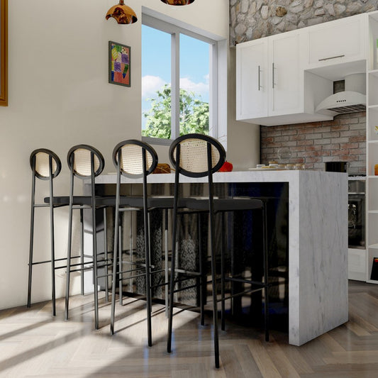 Euston Modern Wicker Bar Stool With Black Steel Frame, Set of 2 in Black