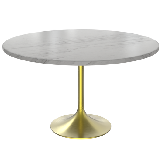 48 Round Dining Table, Brushed Gold Base with Sintered Stone White Top