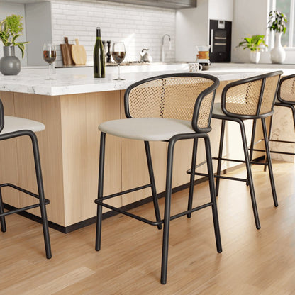 Ervilla Mid-Century Modern Wicker Bar Stool in Beige