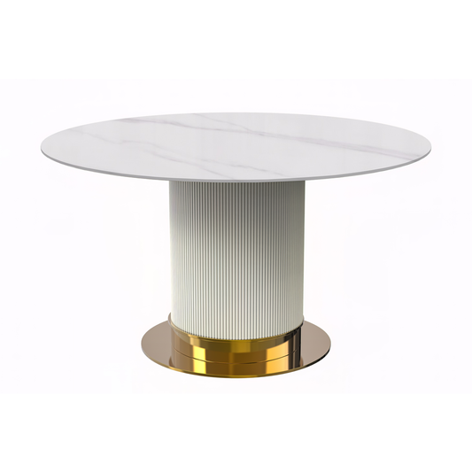 Round Dining Table White\Gold Base with 60 Round Solid White Sintered Stone Top