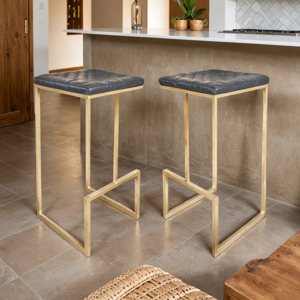 Quincy Leather Bar Stools With Gold Metal Frame Set of 2