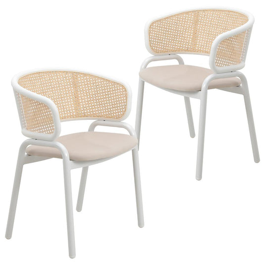 Dining Chair with White Powder Coated Steel Legs and Wicker Back, Set of 2