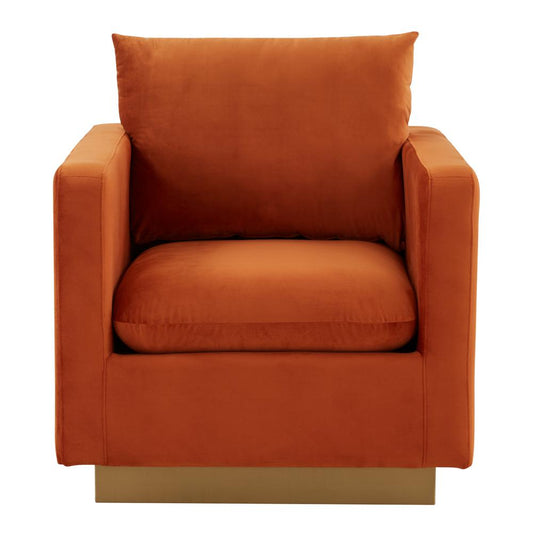 LeisureMod Nervo Velvet Accent Armchair With Gold Frame, Orange Marmalade
