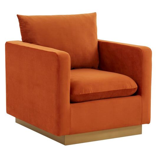 LeisureMod Nervo Velvet Accent Armchair With Gold Frame, Orange Marmalade