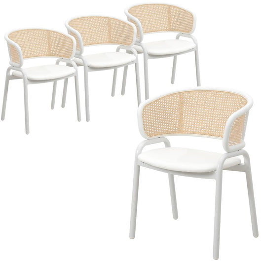 Dining Chair with White Powder Coated Steel Legs and Wicker Back, Set of 4