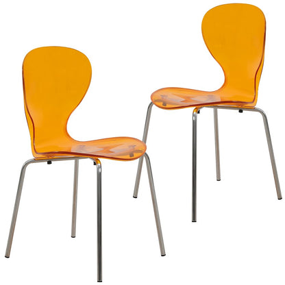 Modern Oyster Side Chair in Transparent Orange with Chromed Base Set of 2