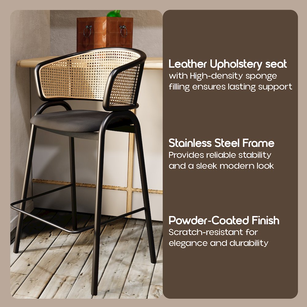 Ervilla Wicker Bar Stool with Fabric Seat and Black Steel Frame - Black Leather