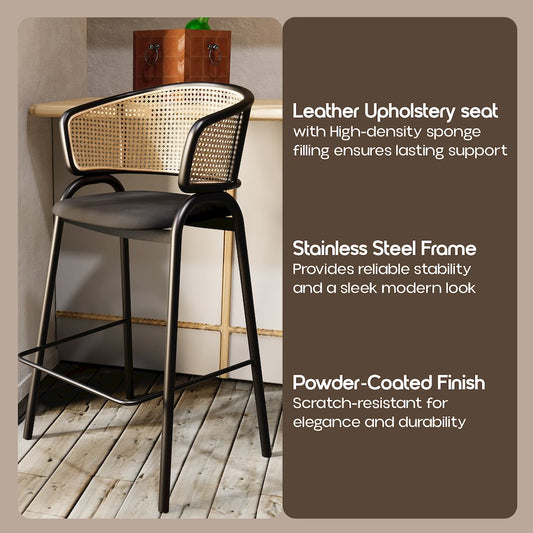 Ervilla Wicker Bar Stool with Fabric Seat and Black Steel Frame - Black Leather