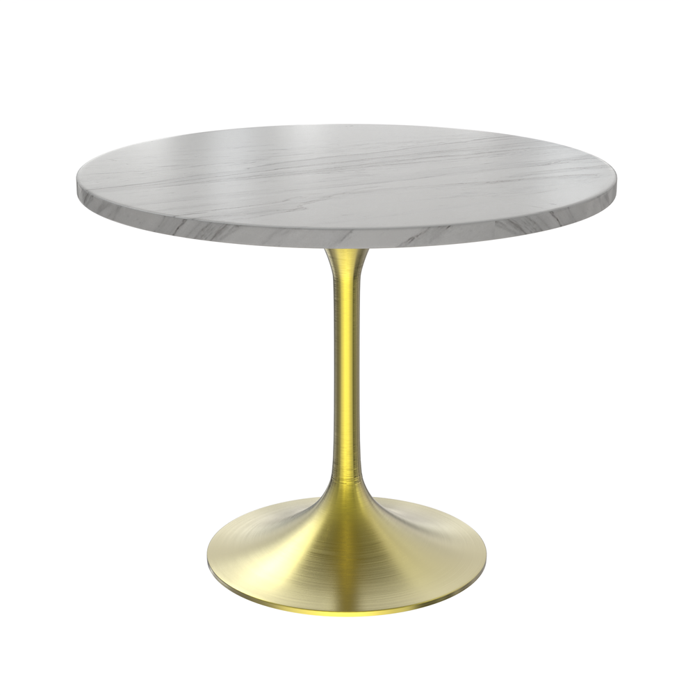 36 Round Dining Table, Brushed Gold Base with Sintered Stone White Top