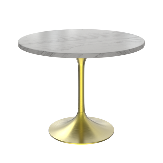 36 Round Dining Table, Brushed Gold Base with Sintered Stone White Top