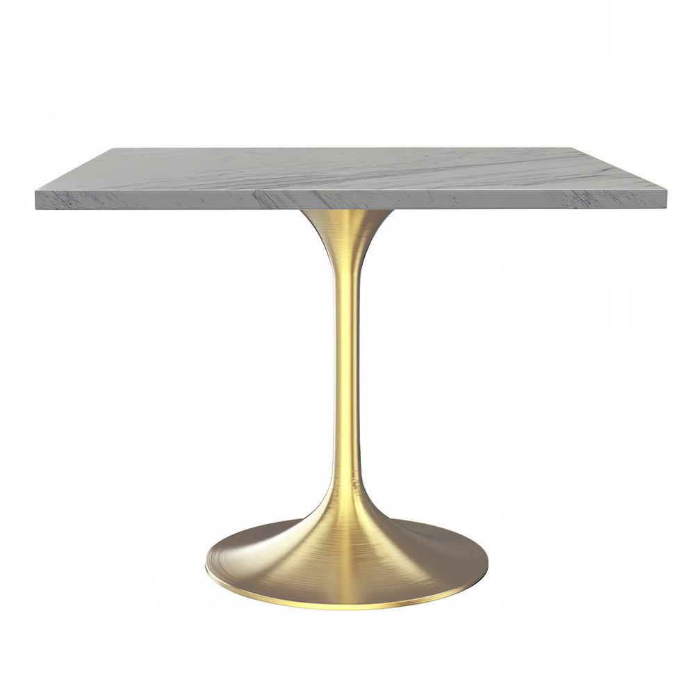 36" Square Dining Table, Brushed Gold Base with Laminated White Marbleized Top