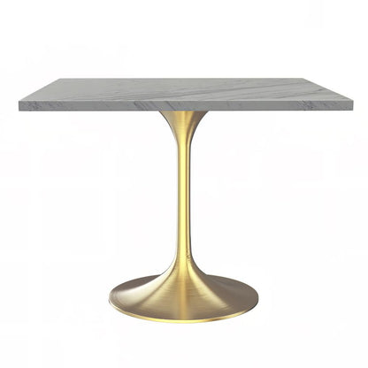 36" Square Dining Table, Brushed Gold Base with Laminated White Marbleized Top