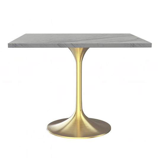 36" Square Dining Table, Brushed Gold Base with Laminated White Marbleized Top