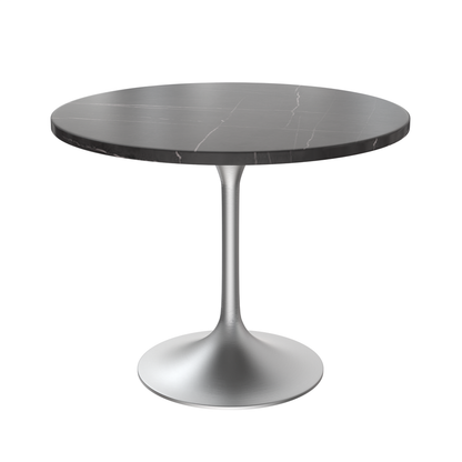 36" Round Dining Table, Brushed Chrome Base with Sintered Stone Black Top