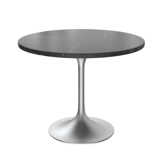 36" Round Dining Table, Brushed Chrome Base with Sintered Stone Black Top