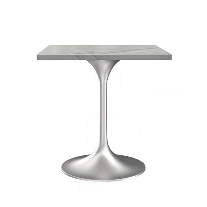 27 Square Dining Table, Brushed Base with Laminated White Marbleized Top