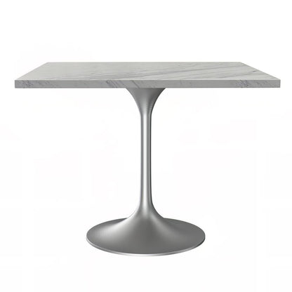 36 Square Dining Table, Brushed Base with Laminated White Marbleized Top