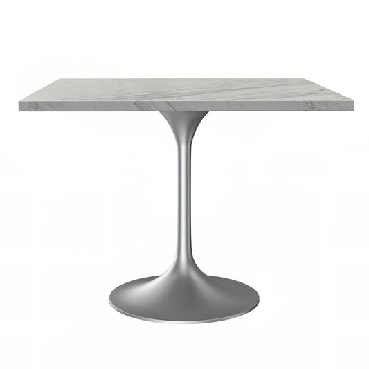 36 Square Dining Table, Brushed Base with Laminated White Marbleized Top