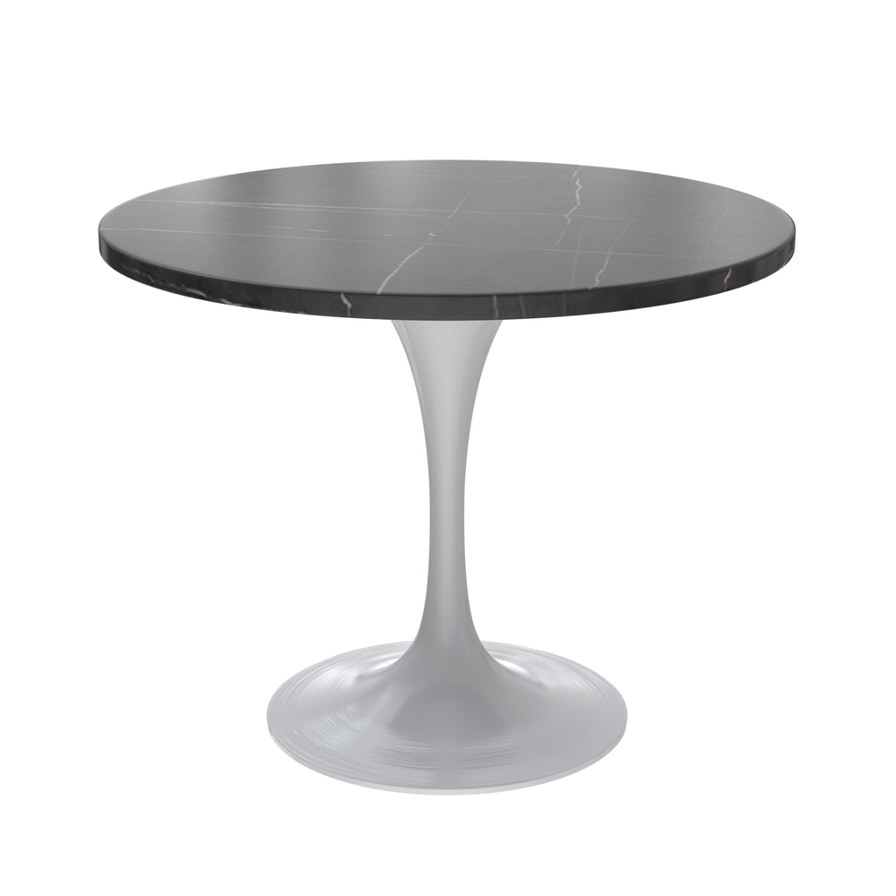 36 Round Dining Table, White Base with Sintered Stone Black Top