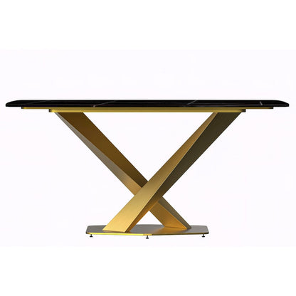 Modern Dining Table Gold Base, With 55" Black/Gold Sintered Stone Top