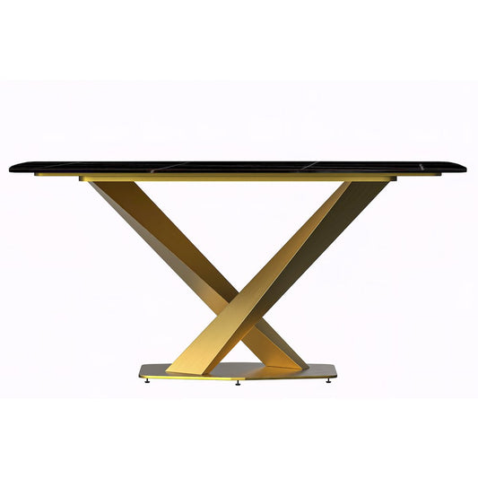 Modern Dining Table Gold Base, With 55" Black/Gold Sintered Stone Top