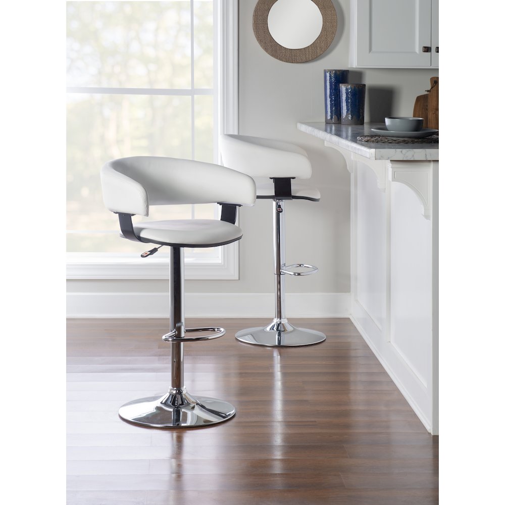 White Faux Leather Barrel & Chrome Adjustable Height Bar Stool