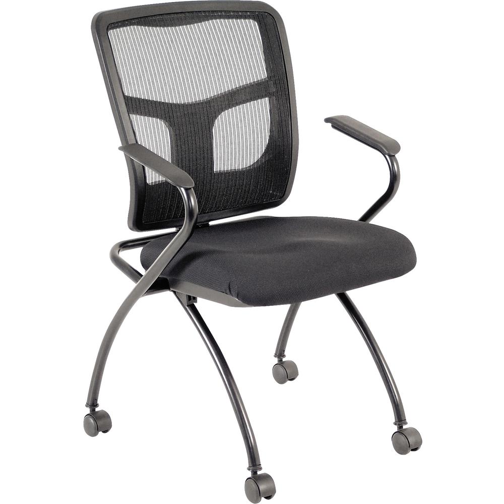 Lorell Mesh Back Nesting Training/Guest Chairs - Fabric Seat Material - Powder Coated Frame Color - Metal Frame Material - Four-legged Base - Black - Mesh - Armrest - 2 / Carton