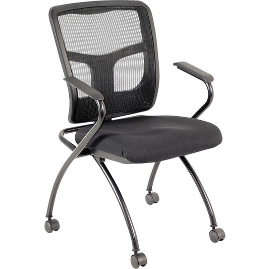 Lorell Mesh Back Nesting Training/Guest Chairs - Fabric Seat Material - Powder Coated Frame Color - Metal Frame Material - Four-legged Base - Black - Mesh - Armrest - 2 / Carton
