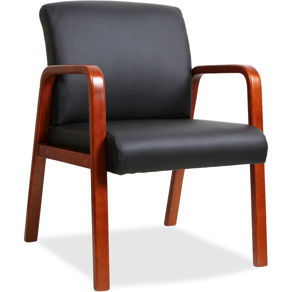 Lorell Upholstered Guest Chair - Black Seat Color - Bonded Leather Seat Material - Black Back Color - Bonded Leather Back Material - Cherry Frame Color - Solid Wood Frame Material - Four-legged Base -
