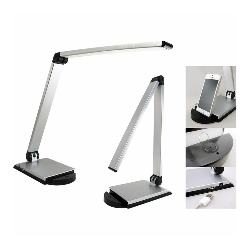 Lorell Smart Device Slot/USB Task Light - 8 W LED Bulb - USB Charging, Dimmable - Aluminum, Plastic - Desk Mountable - Silver - for Desk, Table, Indoor