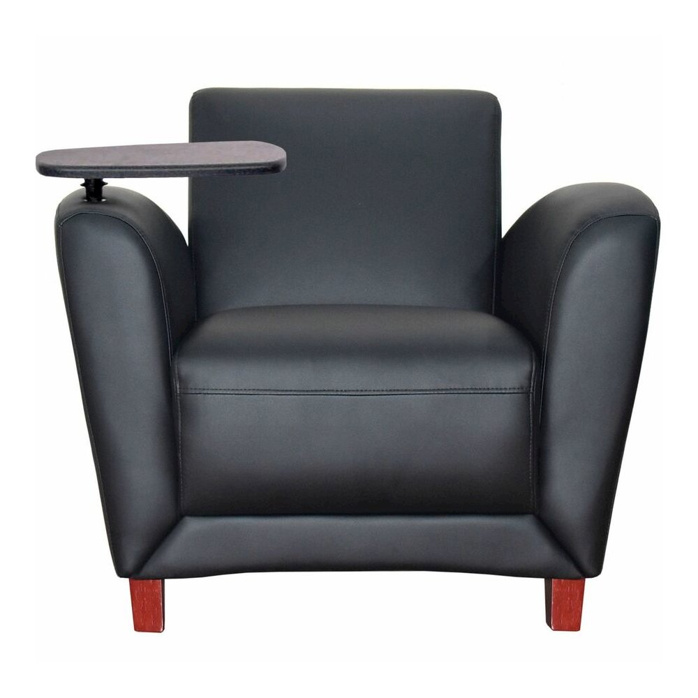 Lorell Accession Club Chair with Tablet Tray - Black Seat Color - Leather Seat Material - Four-legged Base - 1 Each